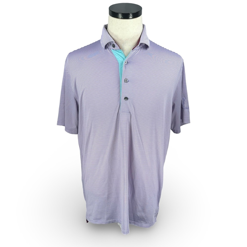 Greyson Mens Streamsong Black Golf Polo Shirt Purple White Striped Size Medium